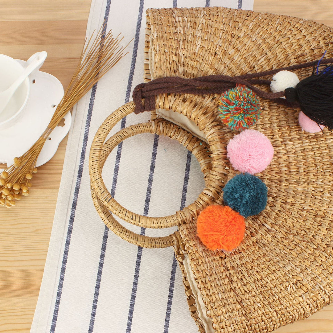 Braided Bast Crossbody Bag with Colorful Tassels Kalsten