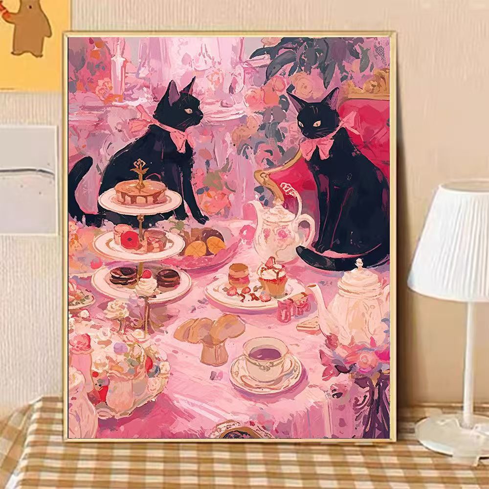 Whimsical Cat-Themed Afternoon Tea Canvas Art Kalsten