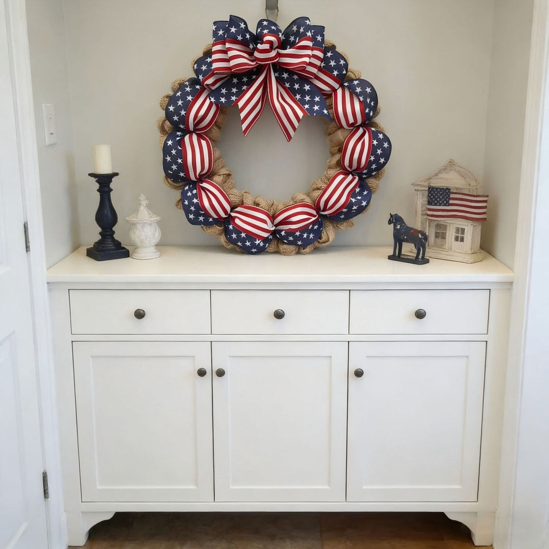 Unisex nan rustic jute door wreath with patriotic star and stripe ribbon and voluminous bow Kalsten