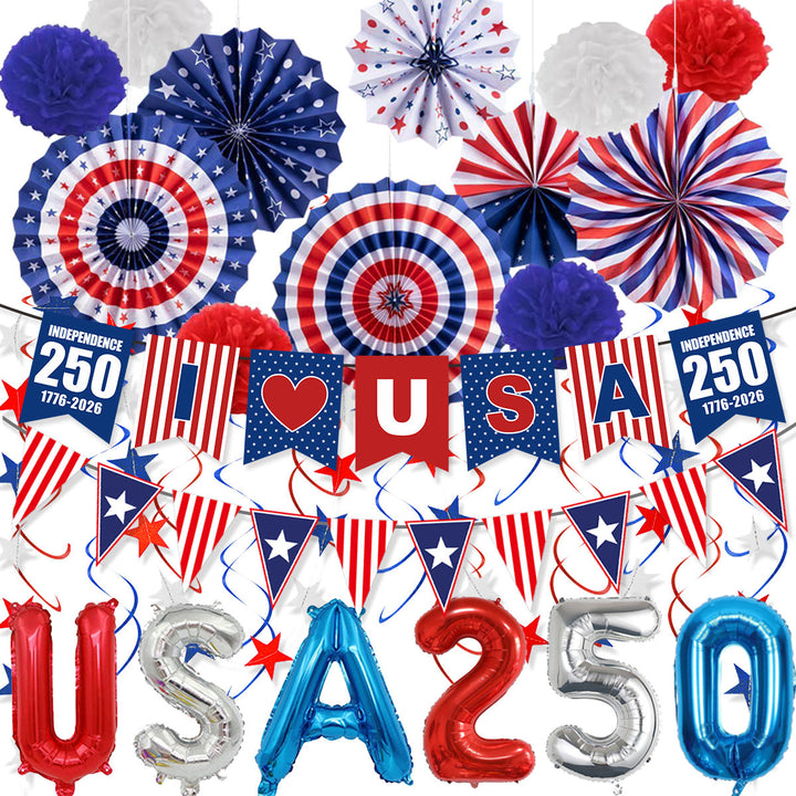 Unisex nan patriotic party decoration set with paper fans bunting pom poms star garlands and foil letter balloons Kalsten