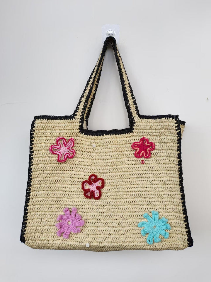 Handmade straw bag with flower appliqués Kalsten