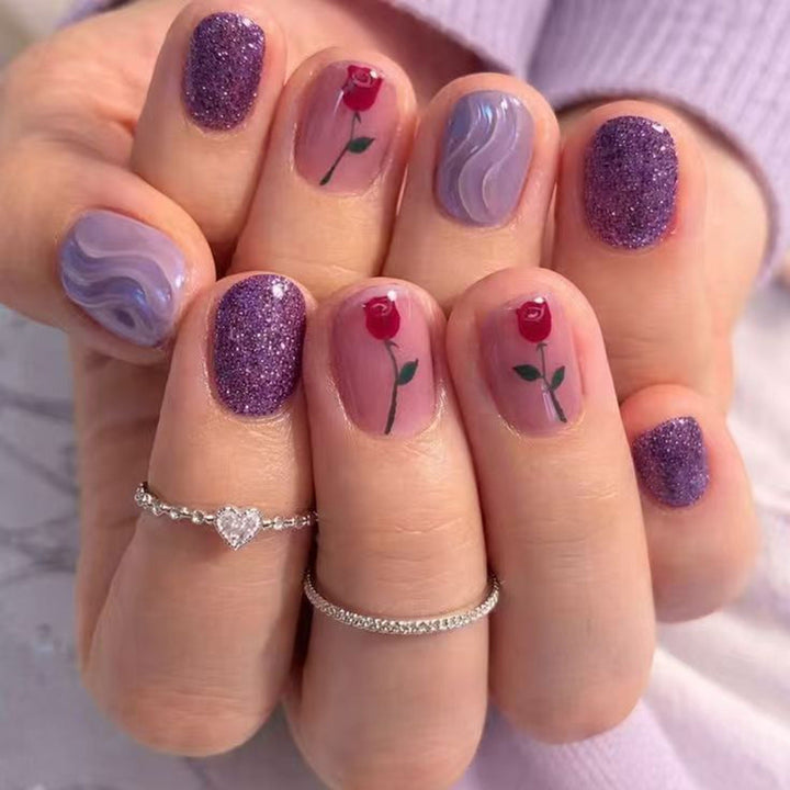 Elegant Artificial Nails with Floral Rose Design Kalsten