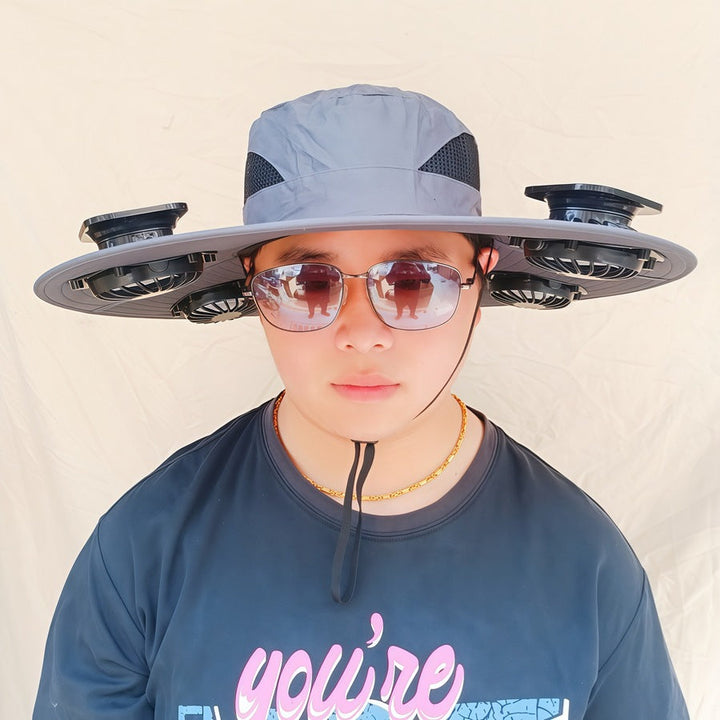 Wide-brimmed sun hat with detachable swivel solar fans and adjustable chin strap Kalsten