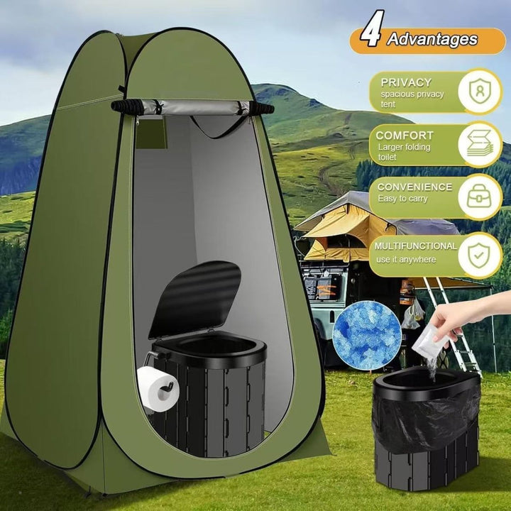 Portable pop-up privacy tent and collapsible camping toilet kit with full accessory set Kalsten