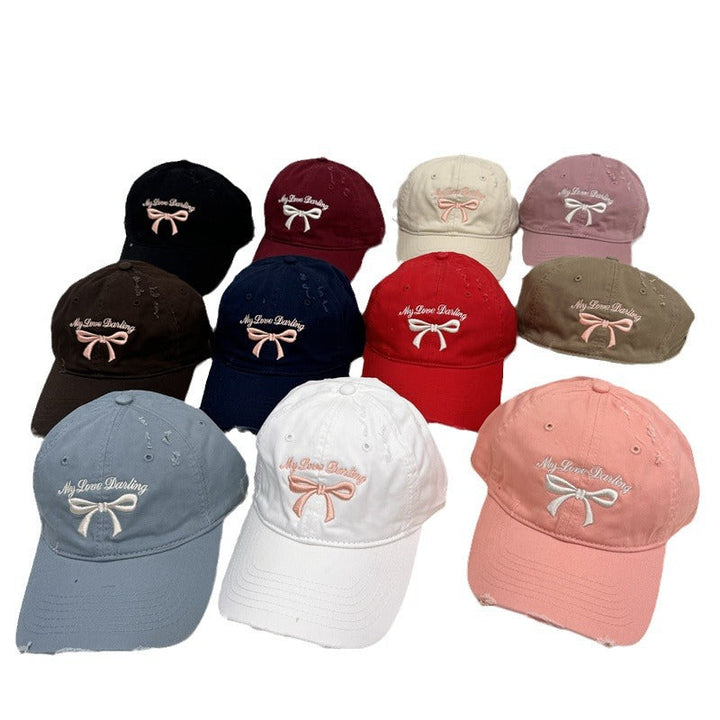 Women's Distressed Cotton Baseball Cap with Bow Embroidery Kalsten