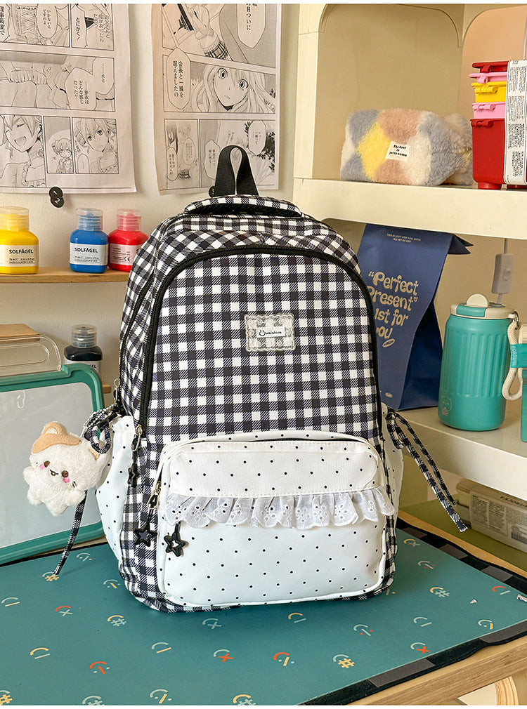 Adorable Gingham-Patterned Multi-Pocket School Backpack