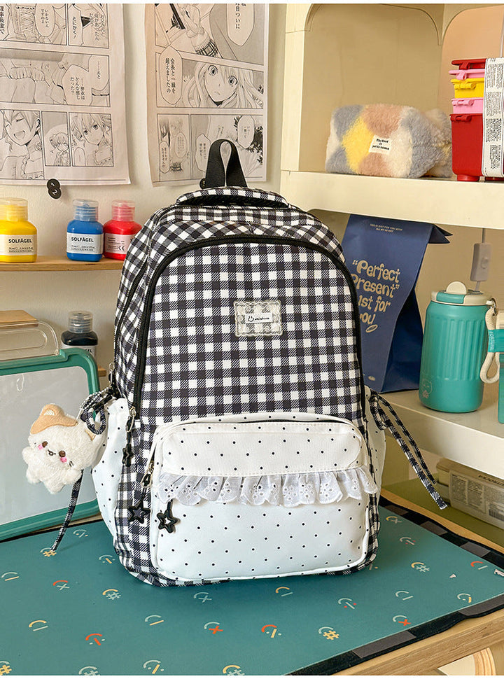 Adorable Gingham-Patterned Multi-Pocket School Backpack