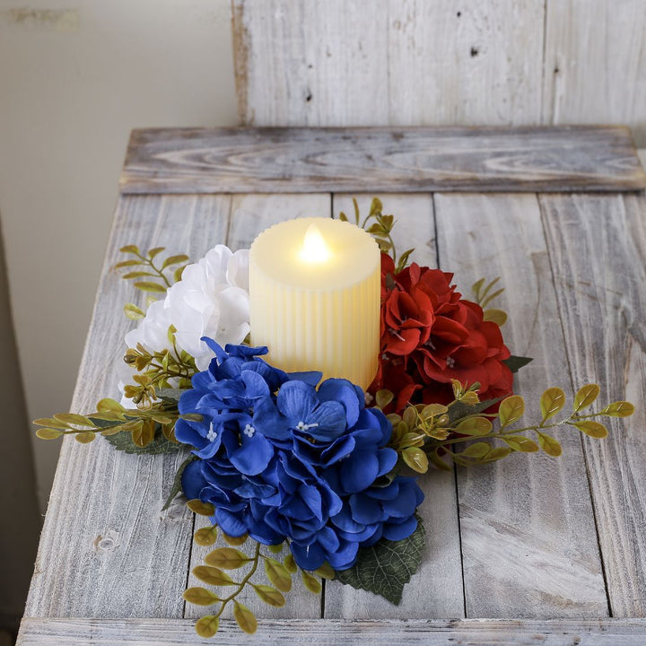 Unisex decorative candle plate with glass candle holder and artificial hydrangeas in country house style Kalsten