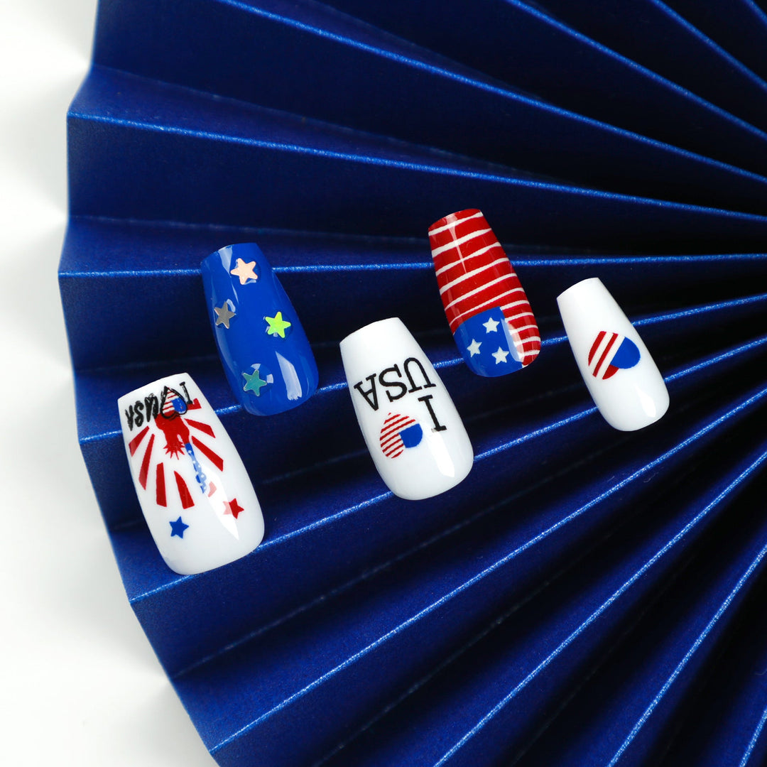 Women's nan long glossy patriotic press-on acrylic nails set with star and flag decals Kalsten
