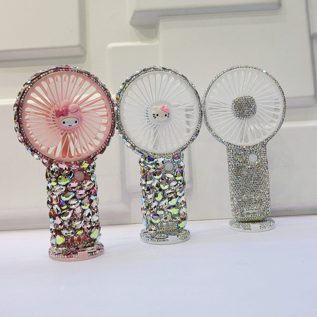 Women's portable hand fan rechargeable with rhinestone accents and cat emblem Kalsten