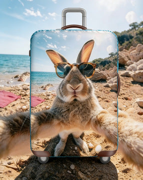 Women's stretchable suitcase cover with rabbit motif, tear-resistant stretch material and openings for handle and wheels Kalsten