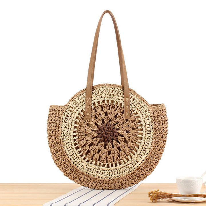 Round Bast Tote Bag with Handwoven Design Kalsten