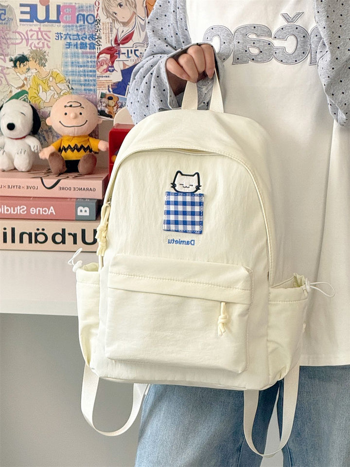 Cat-Embroidered Compact School Backpack