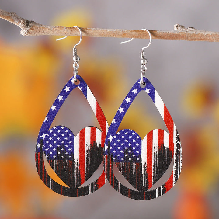 Ladies' nan teardrop-shaped wooden earrings with multi-layer star and stripe appliqué and nickel-free ear hooks Kalsten