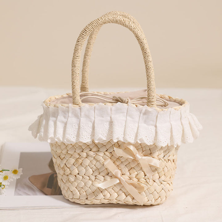 Handcrafted basket bag with delicate ruffles and ribbons Kalsten