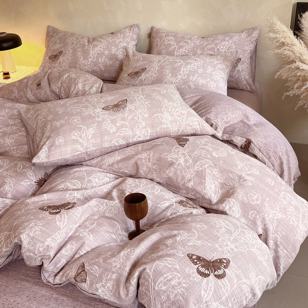 Floral Butterfly Duvet Cover Set With Brushed Cotton‑Blend Linen Texture And Corner Tie Pillowcase Ensemble