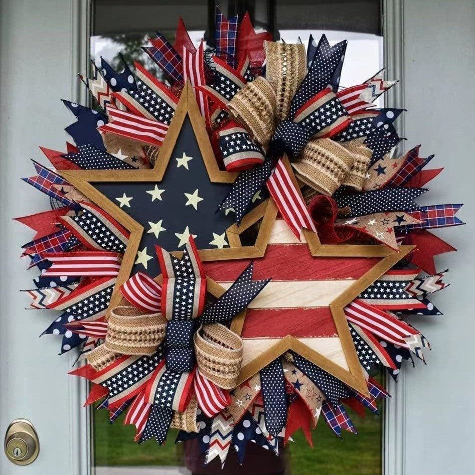 Unisex decorative country house door wreath with overlapping wooden stars and multiple ribbon bows Kalsten