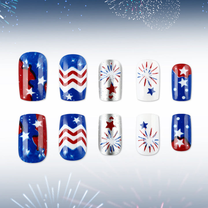 Women's nan patriotic acrylic press on nails set with coffin shape and firework star decals Kalsten