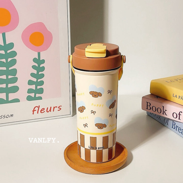 Women's insulated drinking cup with secure flip lid and cute dog design Kalsten