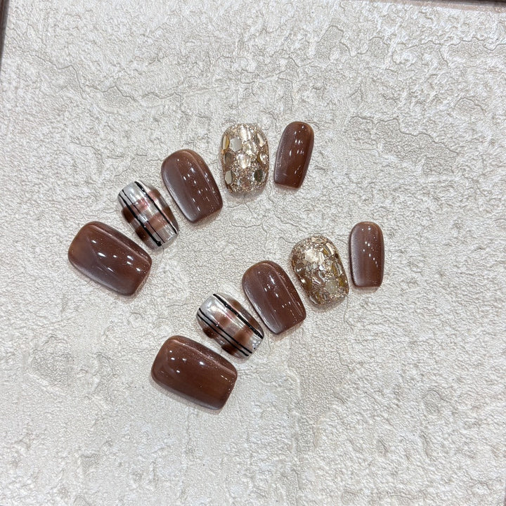 Artificial Nail Set with Glitter and Gold Accents Kalsten