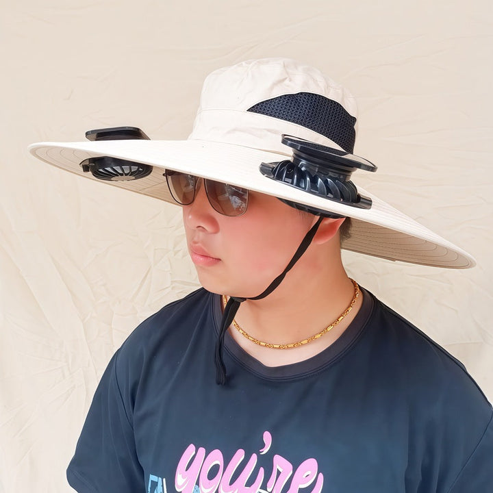 Wide-brimmed sun hat with detachable swivel solar fans and adjustable chin strap Kalsten