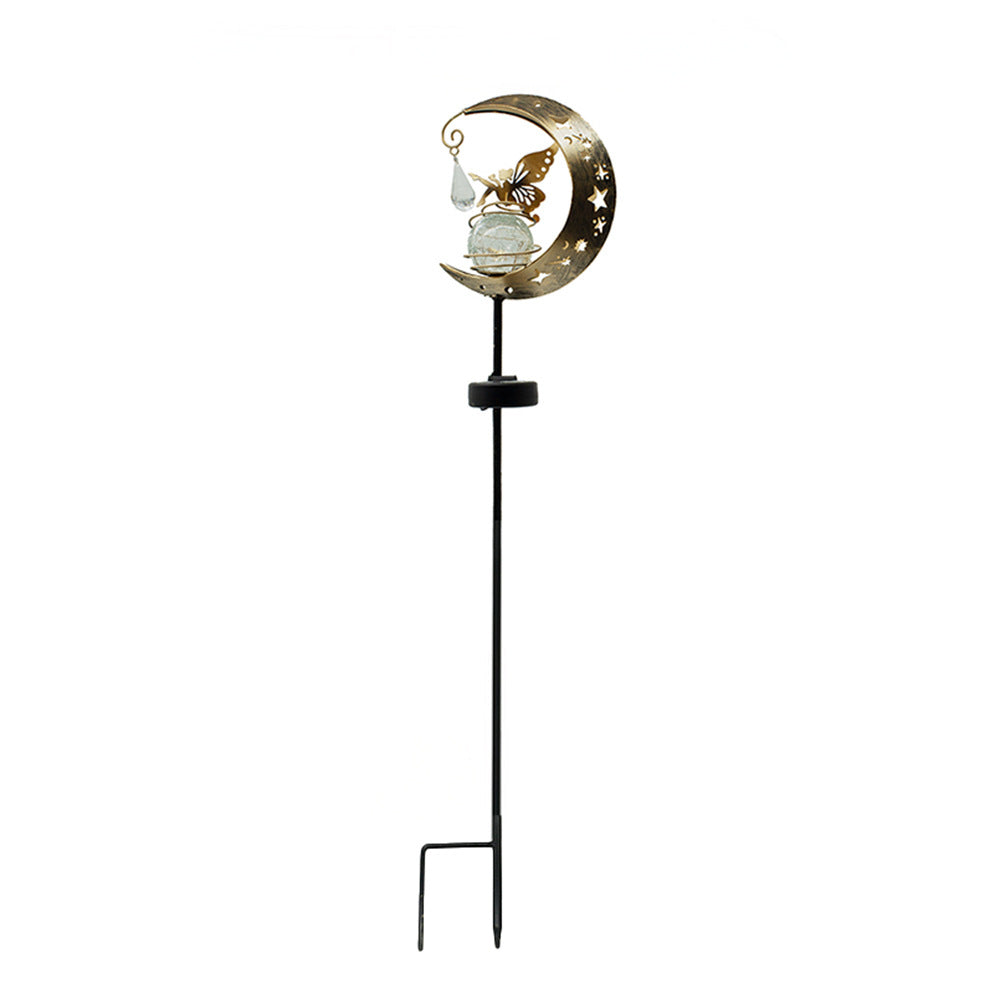 Crescent Moon Solar Garden Stake Light With Rotating Crackle Glass Orb And Butterfly Accent Kalsten
