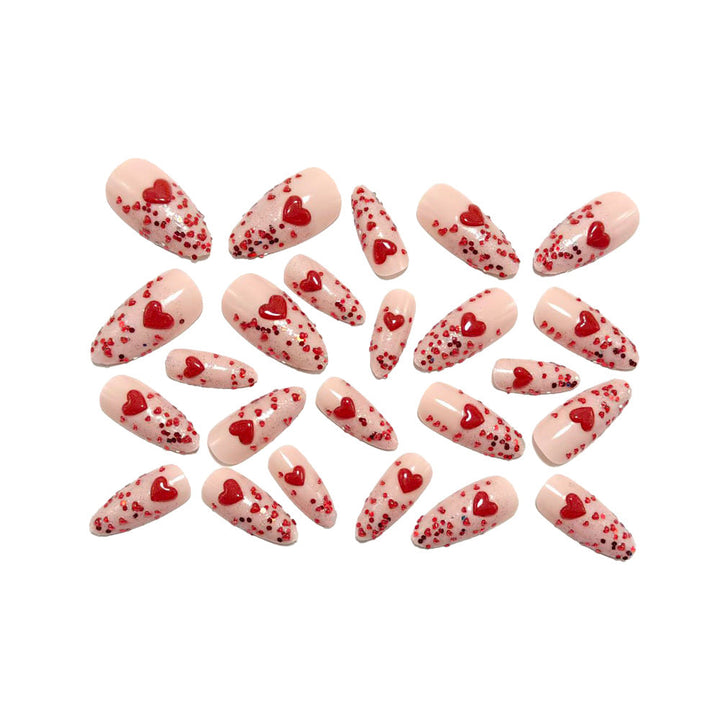 Artificial nails with sparkling heart design and glitter coating Kalsten