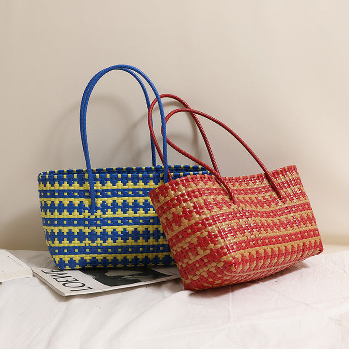 Braided straw bag with color-contrasting stripes Kalsten