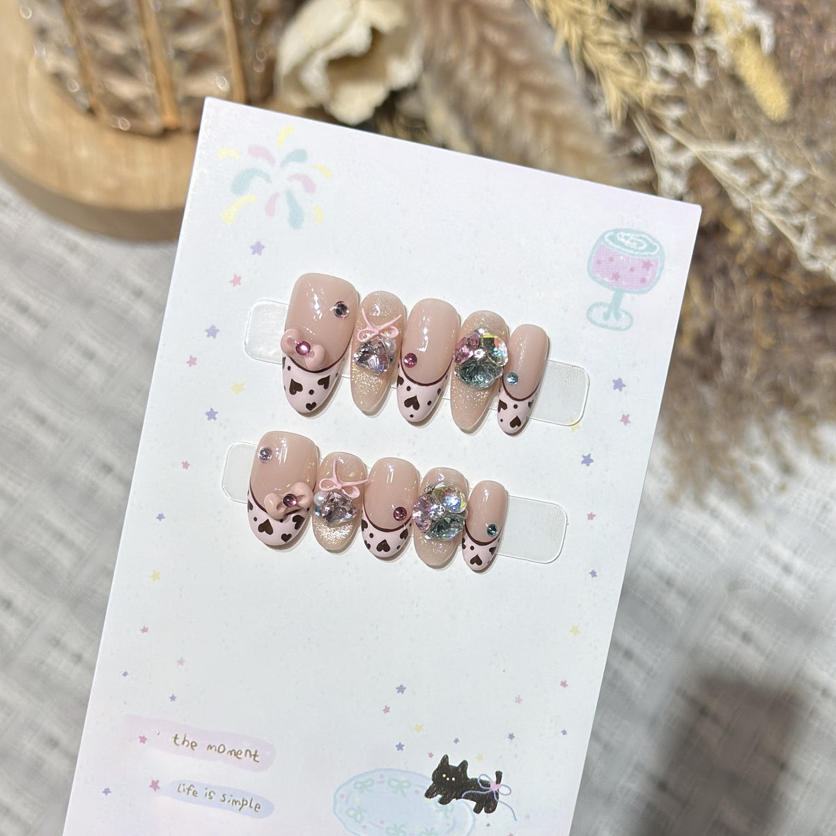 Decorative Press-On Nail Art Set with Heart and Gem Accents Acalora
