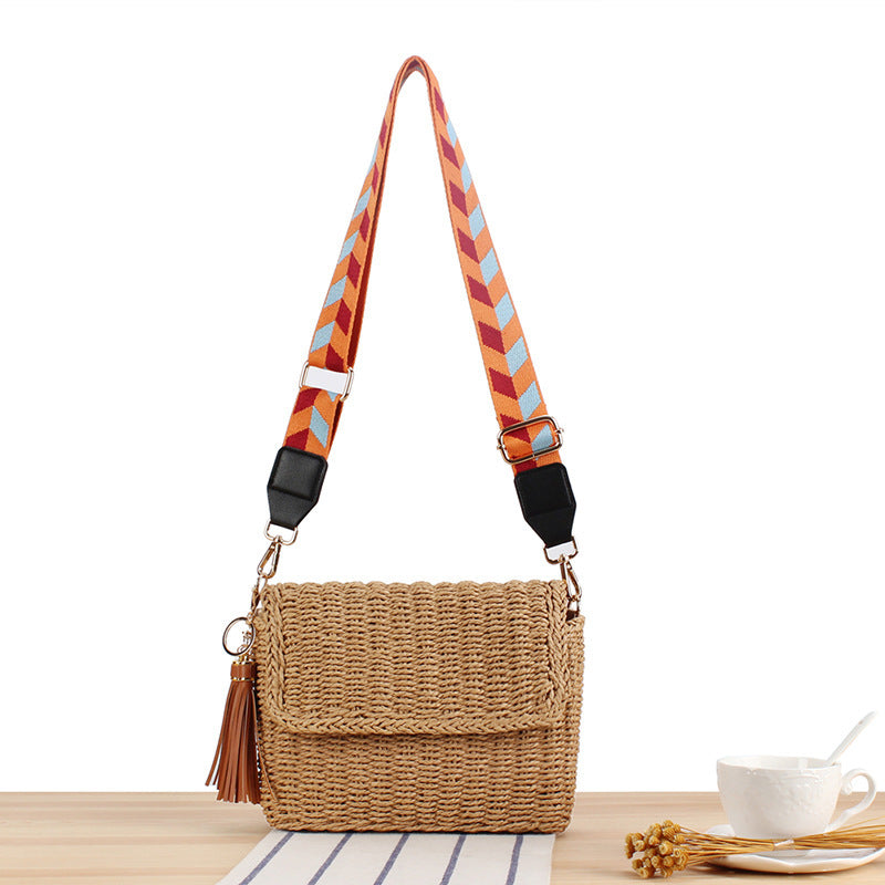 Woven Raffia Shoulder Bag with Decorative Shoulder Strap Kalsten