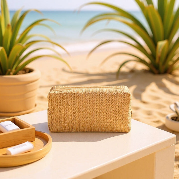Cosmetic bag made of natural rafia material with elegant design Kalsten