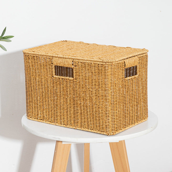 Women's Rectangular Storage Basket with Lid made of Natural Material Kalsten