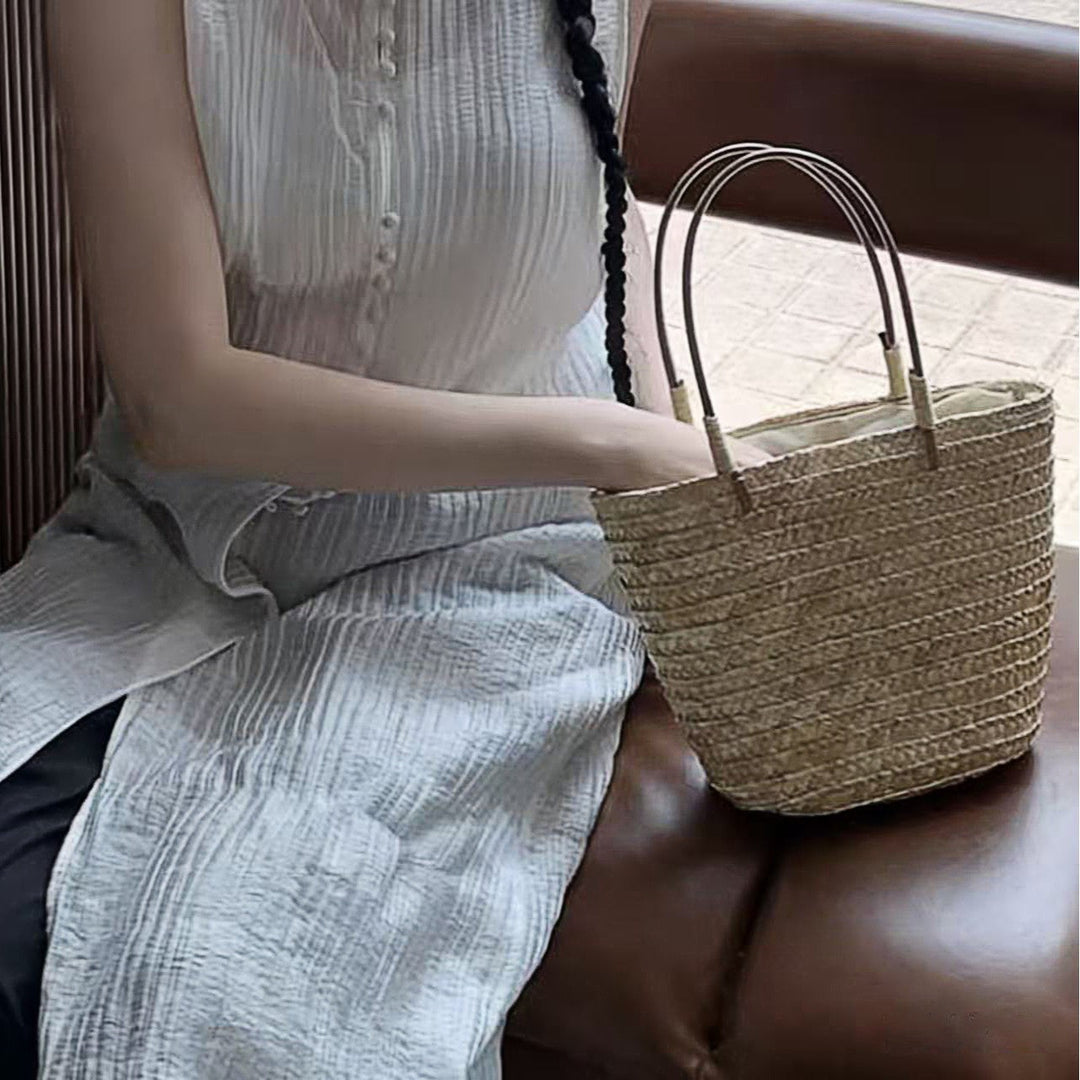 Handmade basket bag with leather handles Kalsten