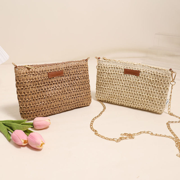 Handcrafted Shoulder Bag Made of Durable Straw Material with Gold Chain Kalsten