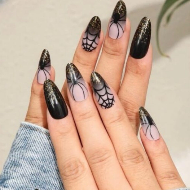 Artistic Press-On Nail Set with Glitter and Spider Web Design Kalsten