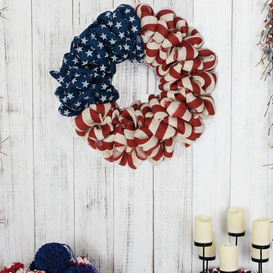 Unisex nan patriotic burlap looped front door wreath with star and stripe Americana pattern Kalsten