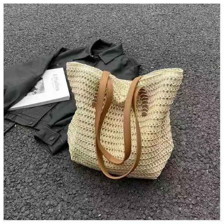 Handbag Made of Woven Natural Material with Leather Carrying Handles Kalsten