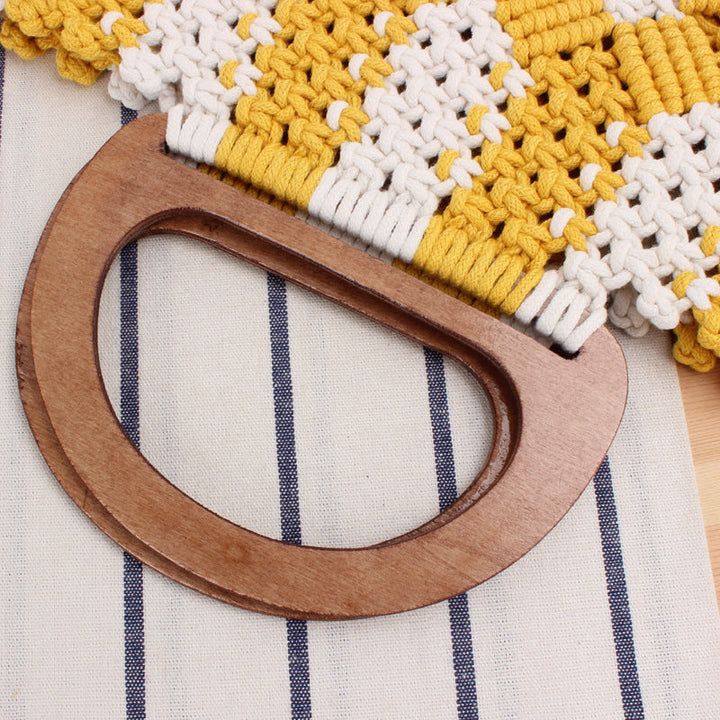 Macrame Tote Bag with Wooden Handles and Floral Details Kalsten