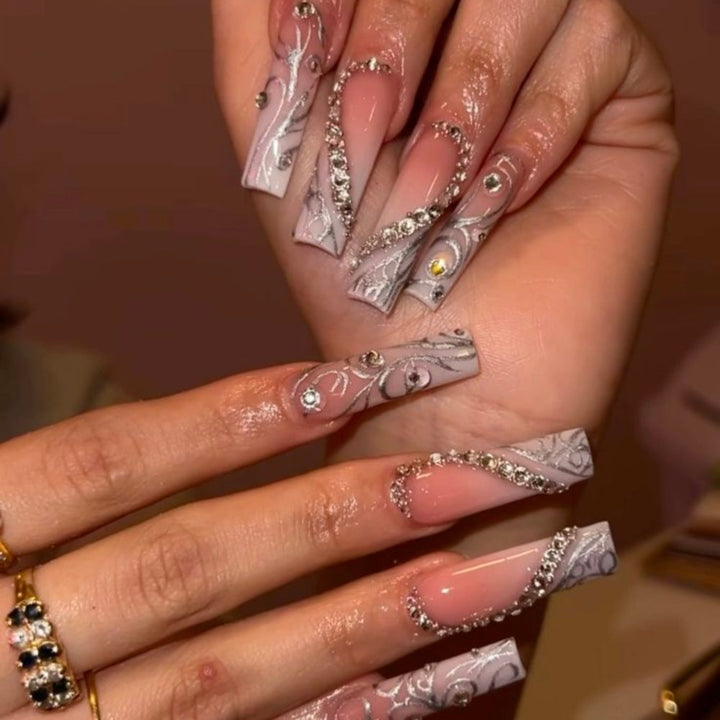 Artificial nails with elegant 3D pattern and radiant rhinestone decorations Kalsten