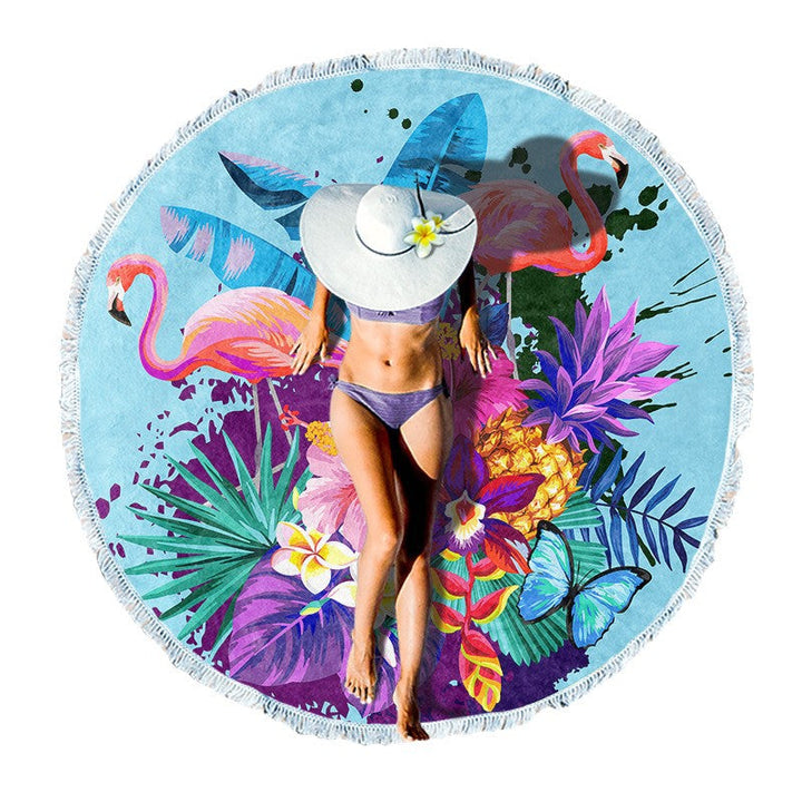 Round beach towel with tropical leaf print and fringe decoration Kalsten