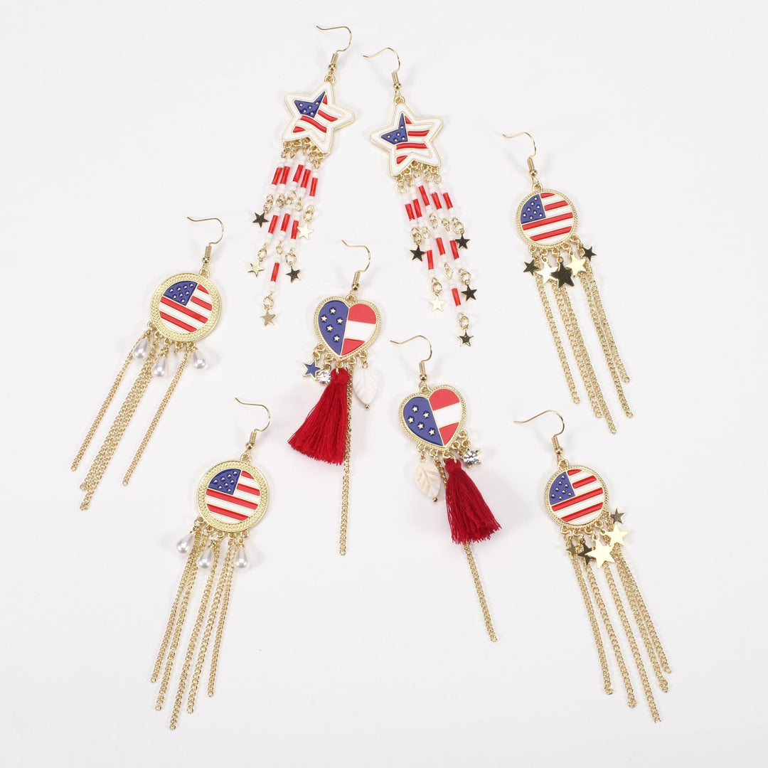 Women's nan long beaded fringe dangle earrings with enamel flag medallion and crystal drops Kalsten