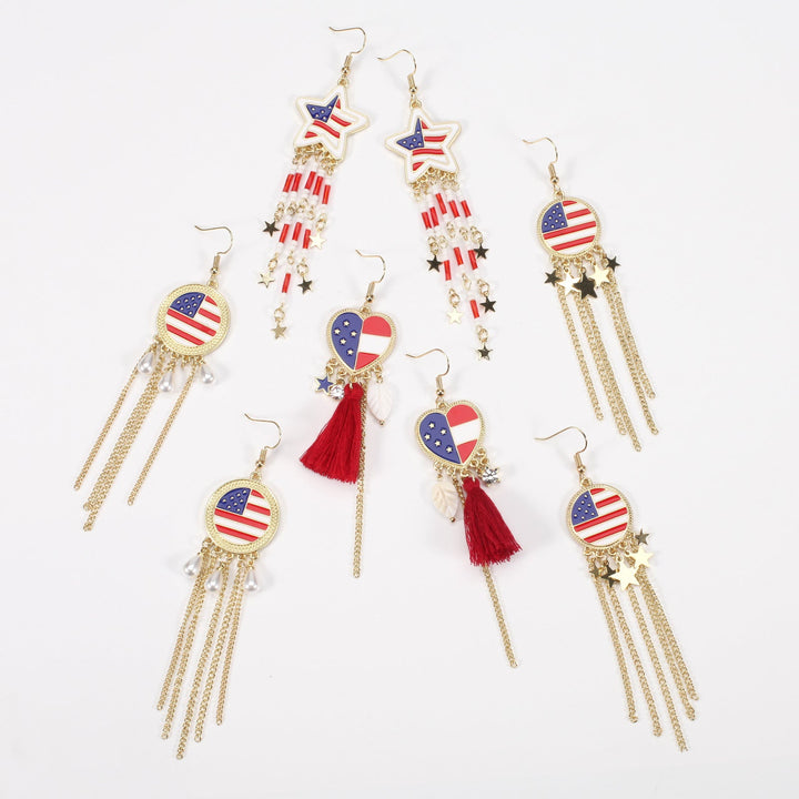 Women's nan long beaded fringe dangle earrings with enamel flag medallion and crystal drops Kalsten