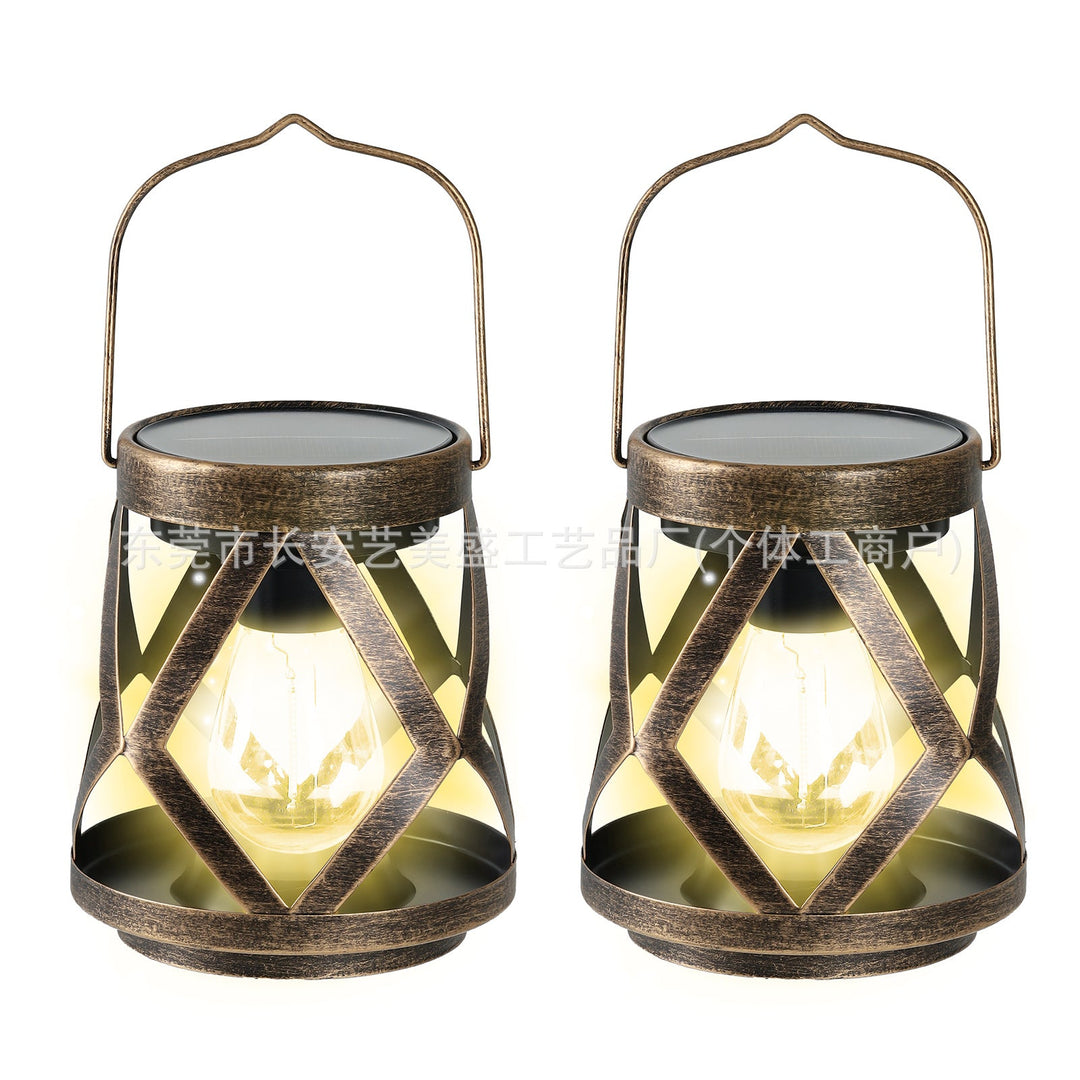 Portable Antique-Style Solar LED Lantern Pair With Built-In Solar Panel Hanging Handle And Weatherproof Metal Lattice Frame Kalsten