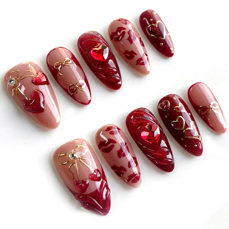 Decorative Press-On Nail Art Set with Heart and Gold Accents Acalora
