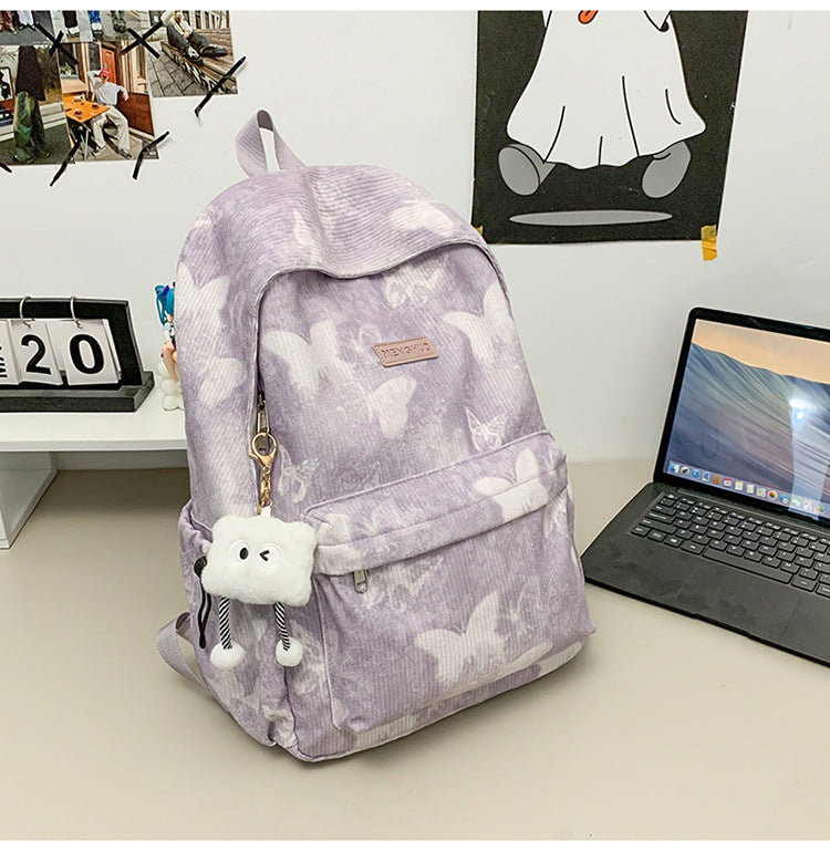 Corduroy Butterfly-Print School Backpack