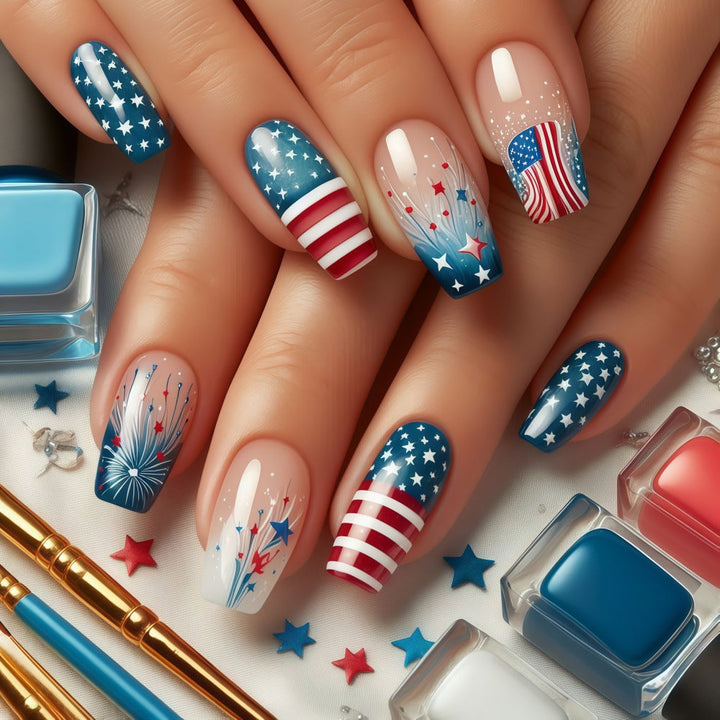 Women's nan long coffin press-on nails patriotic flag starburst full cover reusable Kalsten