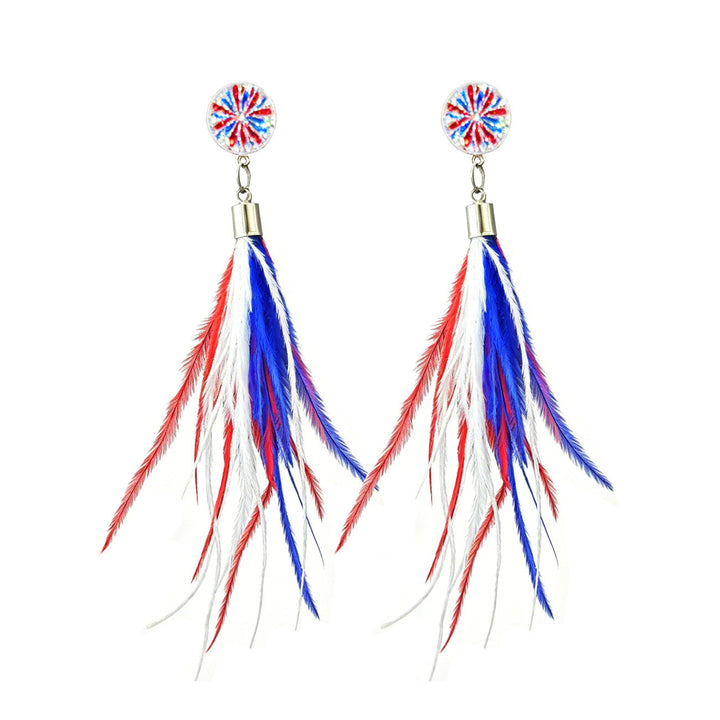 Ladies long feather earrings with tassels, round cabochon stud and nickel-free setting Kalsten