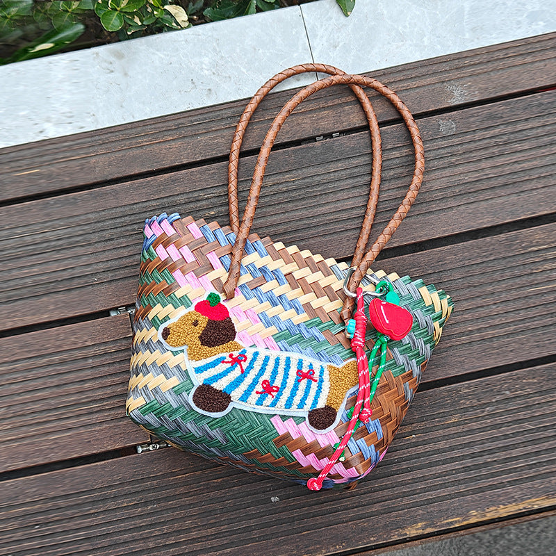 Handcrafted basket bag with colorful animal design Kalsten