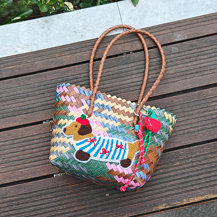 Handcrafted basket bag with colorful animal design Kalsten