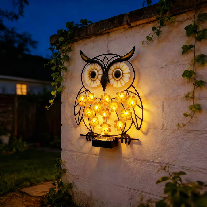 Metal Owl Wall Art With Solar Powered LED Floral Lights And Iron Frame Kalsten